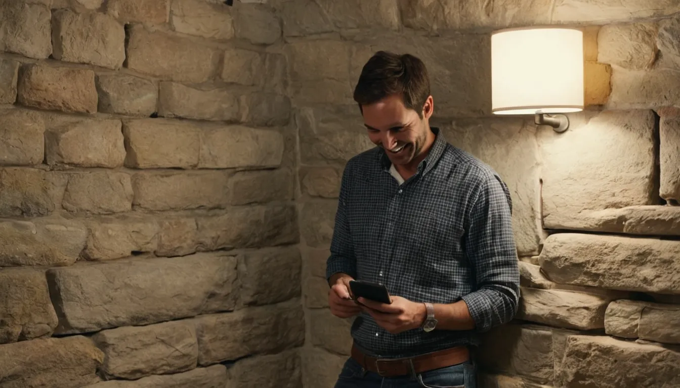 A homeowner photographing a small crack in a basement foundation wall to share with a provider