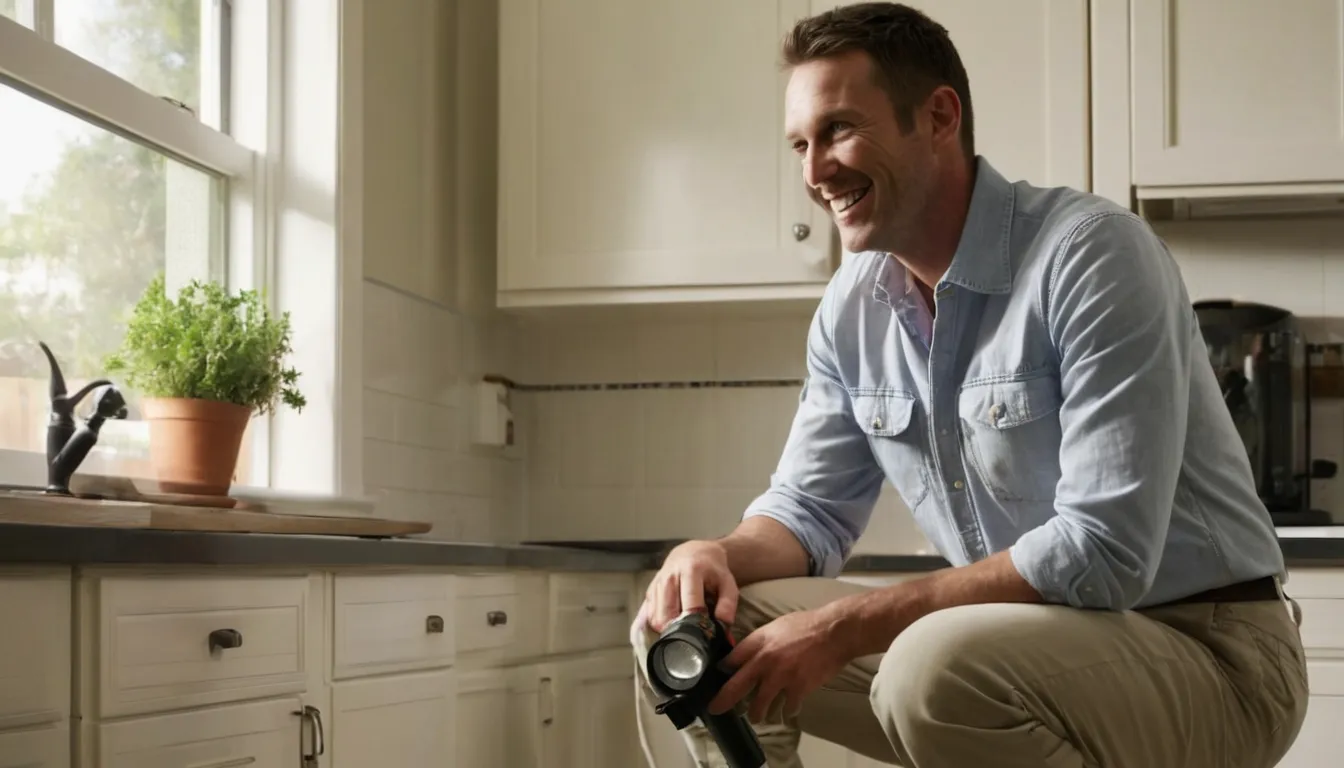 A friendly provider kneeling beside a homeowner at a kitchen baseboard in Patchogue, checking for ant activity